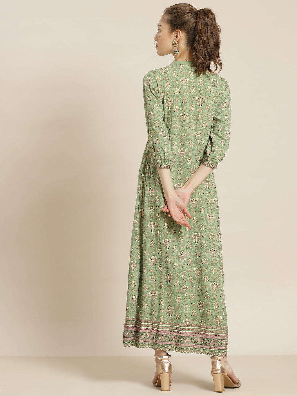 Juniper Womens Pistagreen Rayon Foil Printed Maxi Dress With Puff Sleeves And Button Closure - Distacart