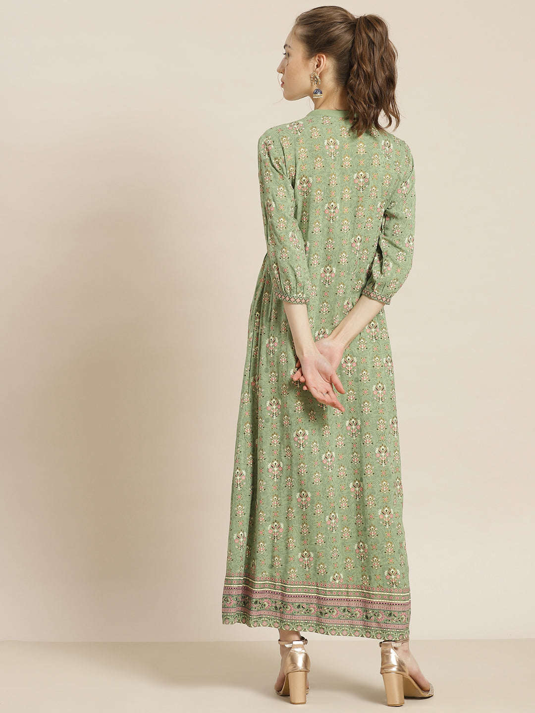Juniper Womens Pistagreen Rayon Foil Printed Maxi Dress With Puff Sleeves And Button Closure - Distacart