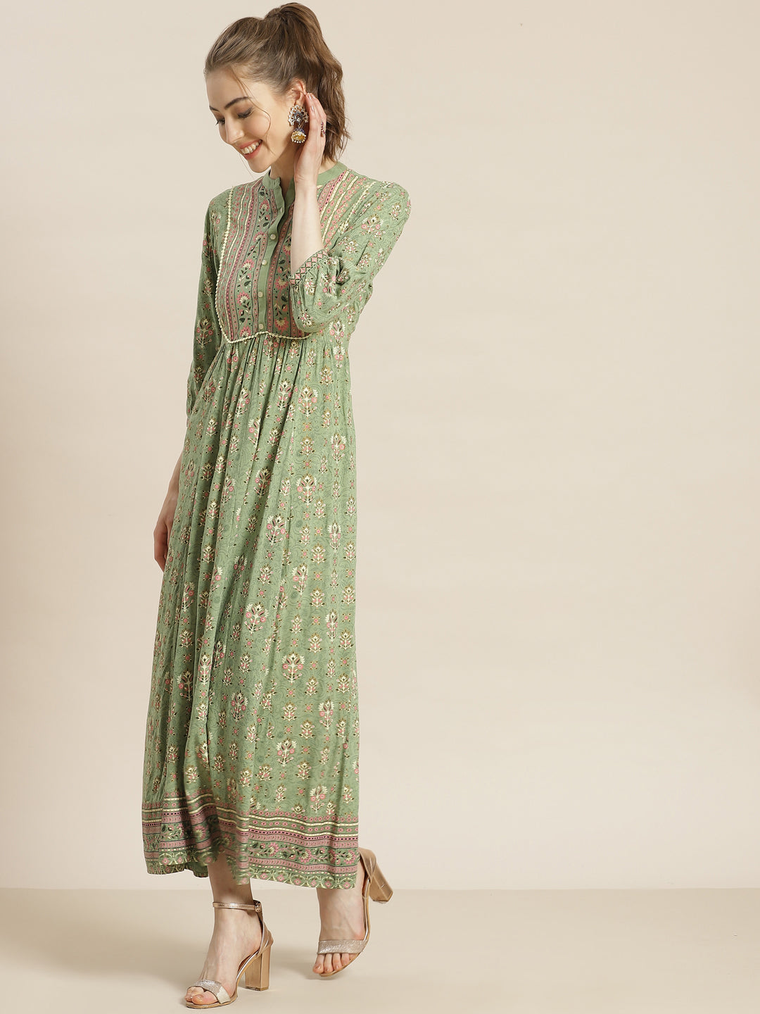 Juniper Womens Pistagreen Rayon Foil Printed Maxi Dress With Puff Sleeves And Button Closure - Distacart