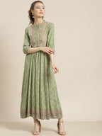 Juniper Womens Pistagreen Rayon Foil Printed Maxi Dress With Puff Sleeves And Button Closure - Distacart