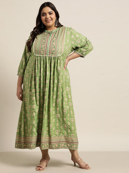 Juniper Women`s Pista Green Rayon Fusion Wear Printed A-line Dress