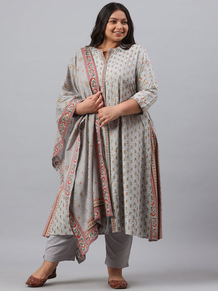 Juniper Women`s Grey Rayon Daily Wear Printed A-line Kurta Sets