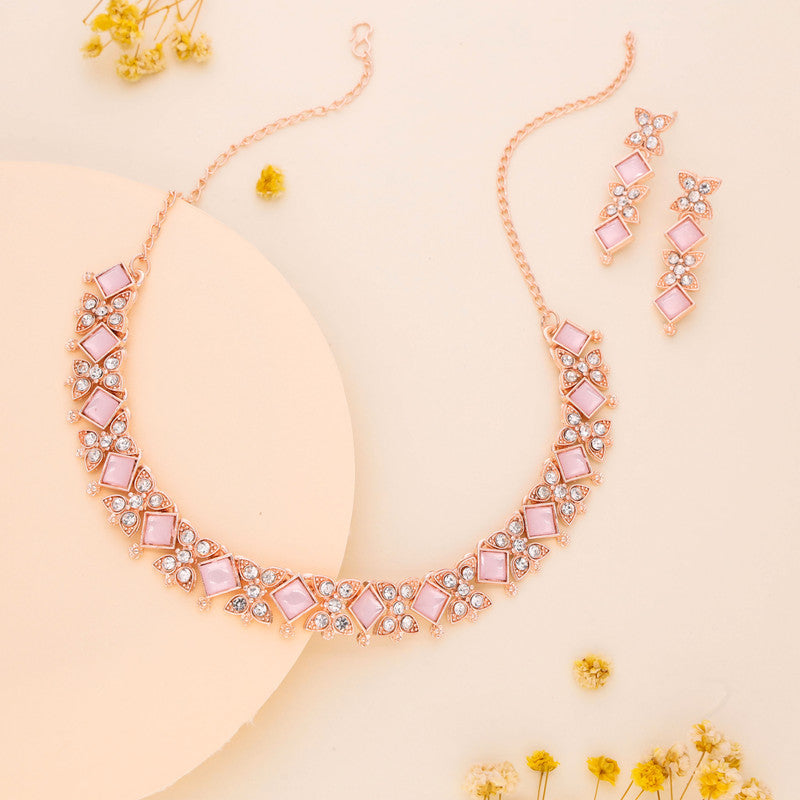 Tehzeeb Creations Rose Gold-Polished Baby Pink Choker Necklace With Dangle Earrings