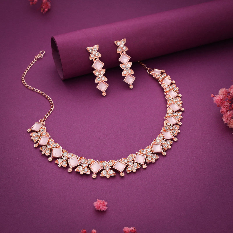 Tehzeeb Creations Rose Gold-Polished Baby Pink Choker Necklace With Dangle Earrings