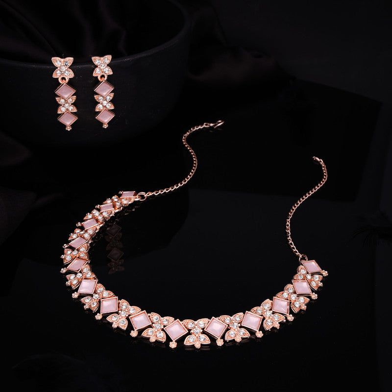 Tehzeeb Creations Rose Gold-Polished Baby Pink Choker Necklace With Dangle Earrings