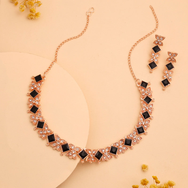 Tehzeeb Creations Rose Gold-Polished Black Choker Necklace With Dangle Earrings