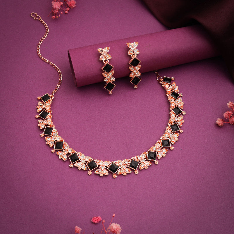 Tehzeeb Creations Rose Gold-Polished Black Choker Necklace With Dangle Earrings