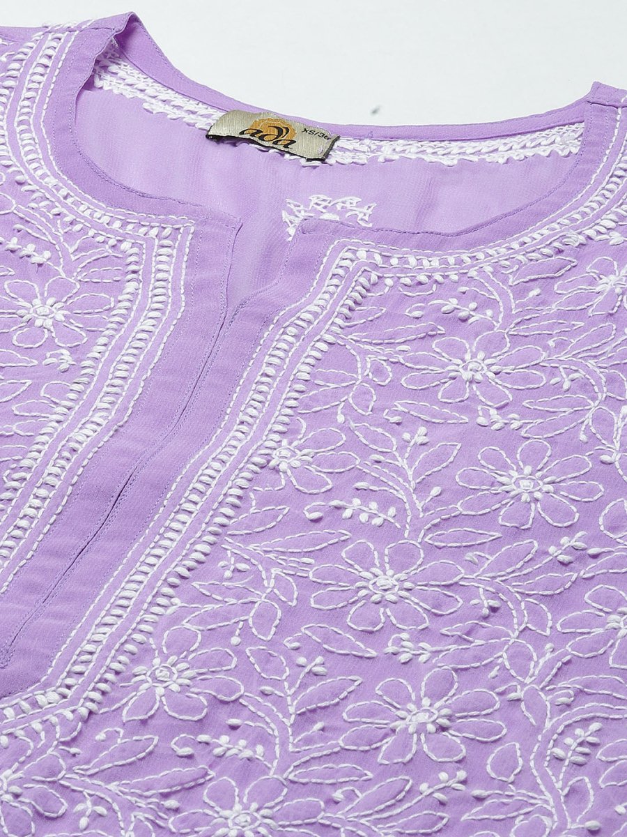 ADA Women Purple & White Ethnic Motifs Embroidered Chikankari Georgette Kurta