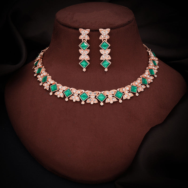 Tehzeeb Creations Rose Gold-Polished Green Choker Necklace With Dangle Earrings