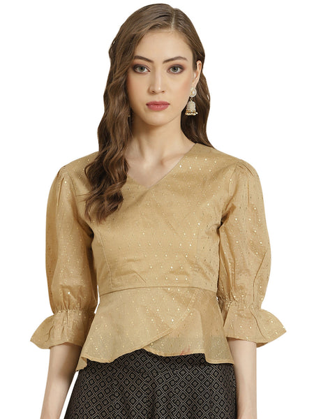 Juniper Women Gold Chanderi Silk Printed Peplum Blouse