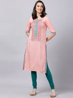 Souchii Women Peach-Coloured & Blue Ethnic Motifs Yoke Design Thread Work Pastels Kurta - Distacart