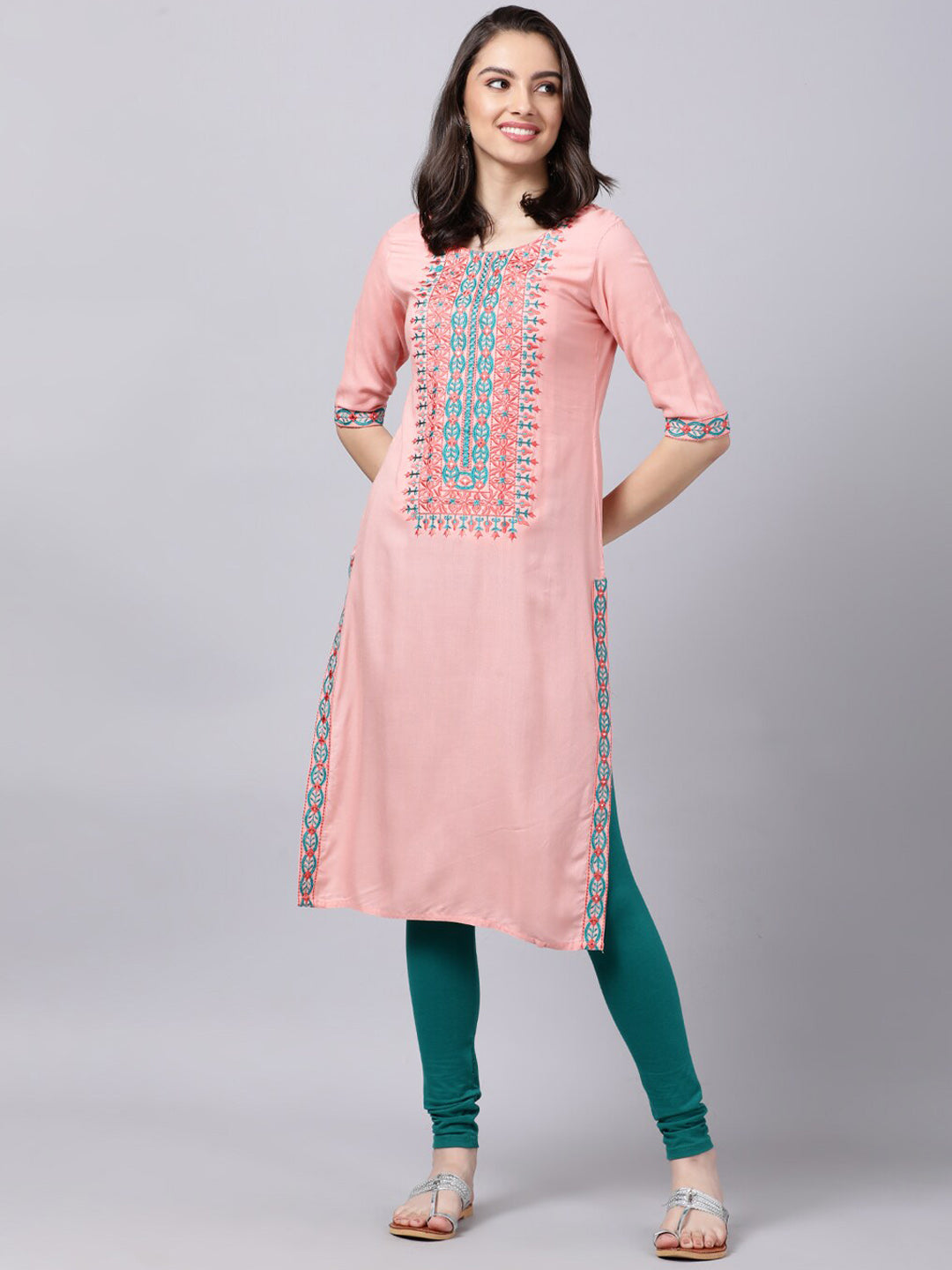 Souchii Women Peach-Coloured & Blue Ethnic Motifs Yoke Design Thread Work Pastels Kurta - Distacart