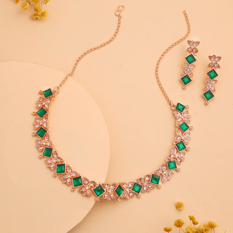 Tehzeeb Creations Rose Gold-Polished Green Choker Necklace With Dangle Earrings