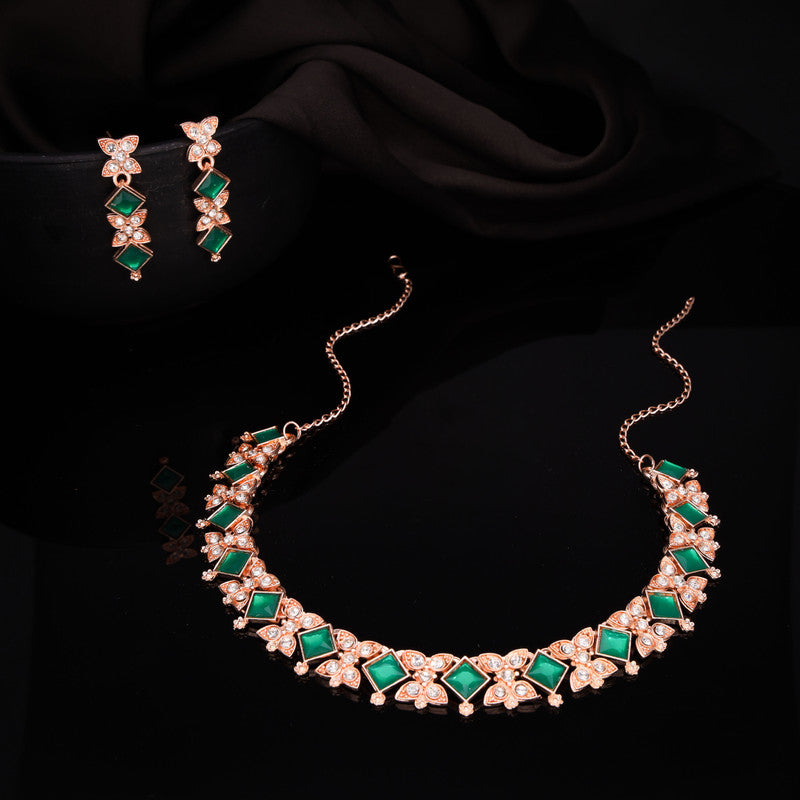 Tehzeeb Creations Rose Gold-Polished Green Choker Necklace With Dangle Earrings