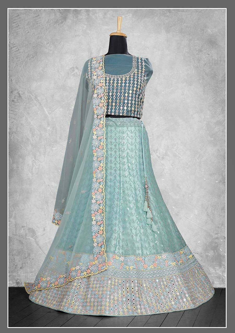 Sky Blue Net Embroidery & Thread Work Bridal lahenga Choli with Dupatta - Nimaya Pavitra Rista