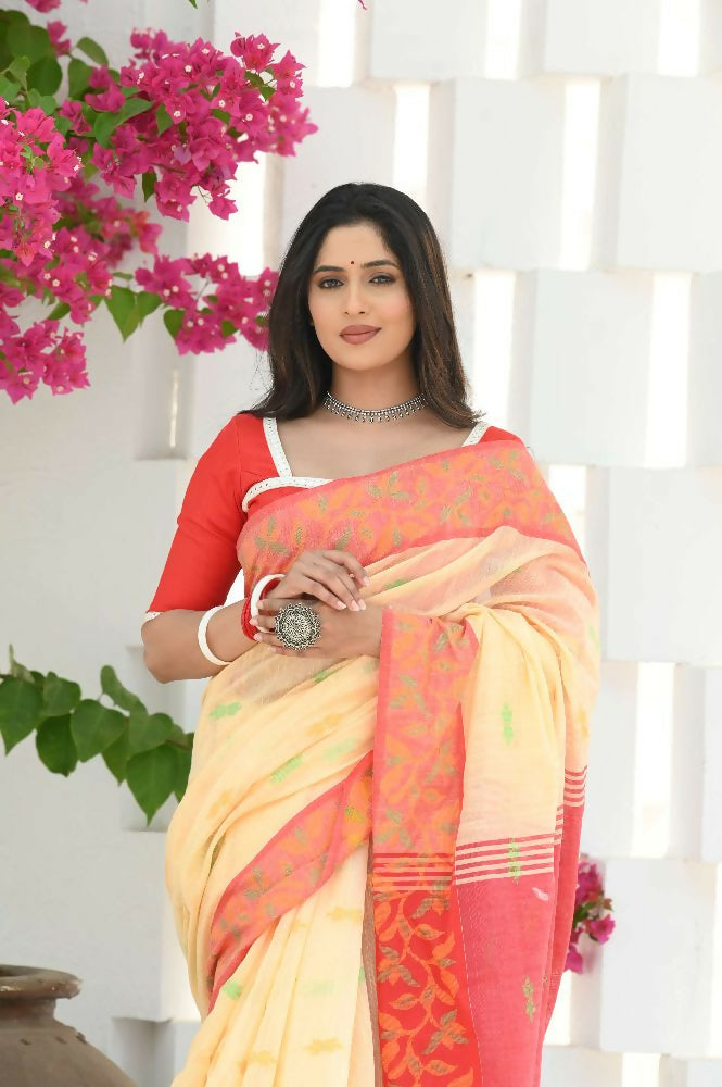 Beatitude Yellow Slub Cotton Floral Jamdani Saree