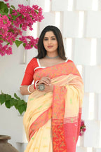 Beatitude Yellow Slub Cotton Floral Jamdani Saree