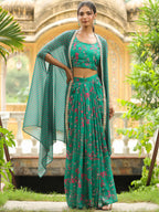 Janasya Green Georgette Floral Top Bottom Cape