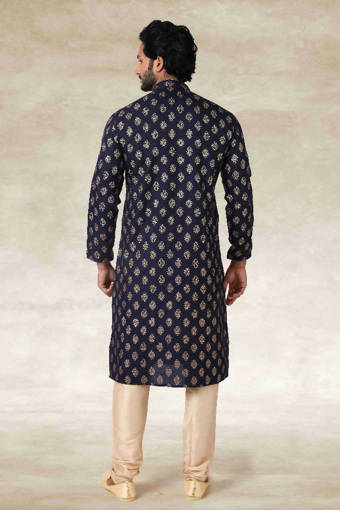Raivat Ethnic Cotton Printed Work Kurta Pajama In Navy Blue Colour