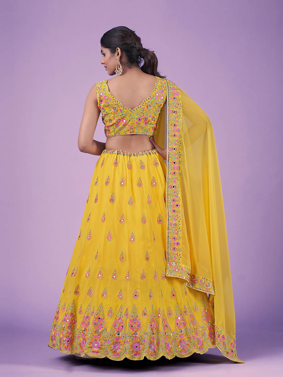 Myra Yellow Georgette Embroidered Designer Lehenga