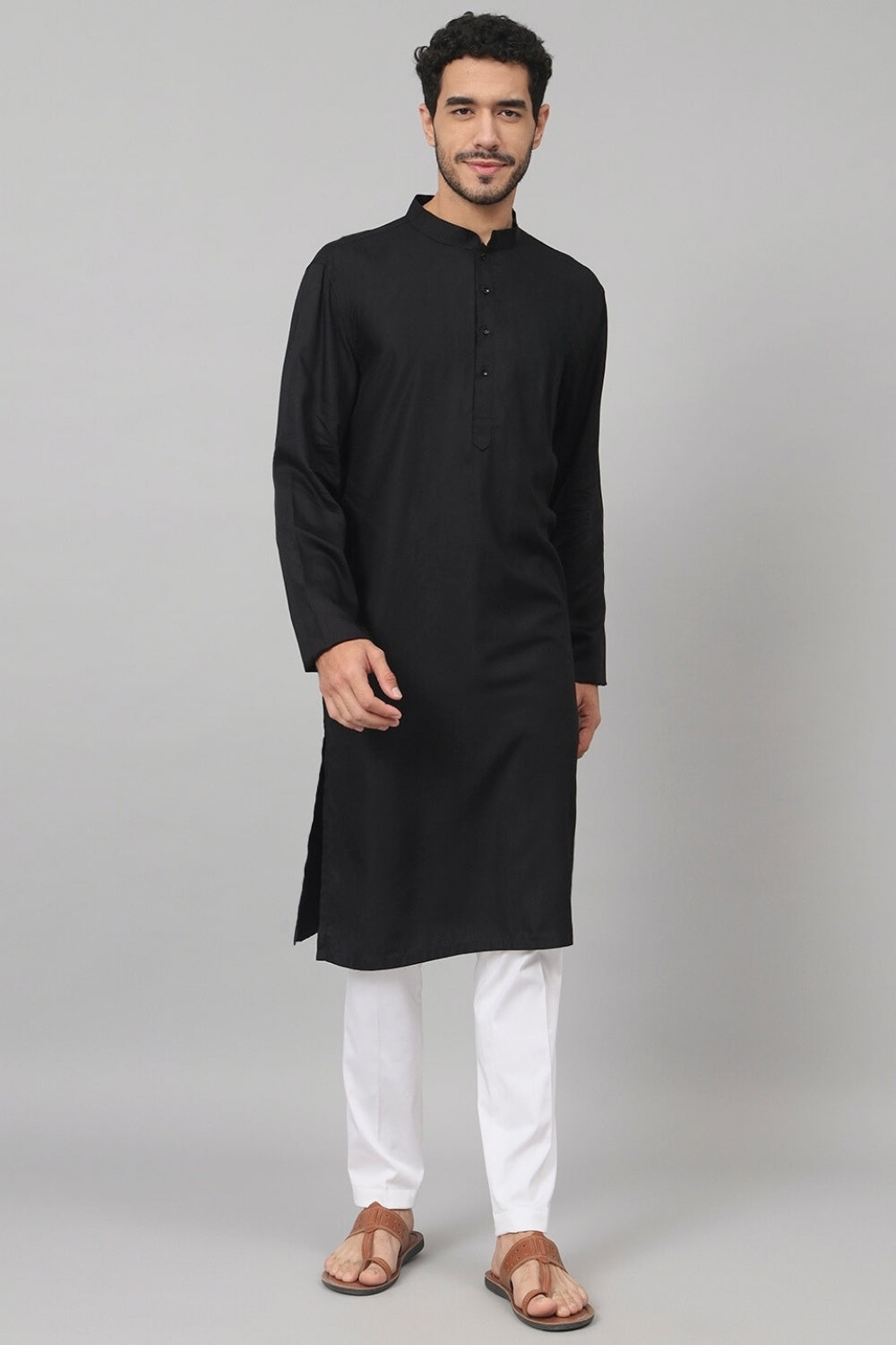 Giza Cotton Black Plain Kurta by Hilo Design