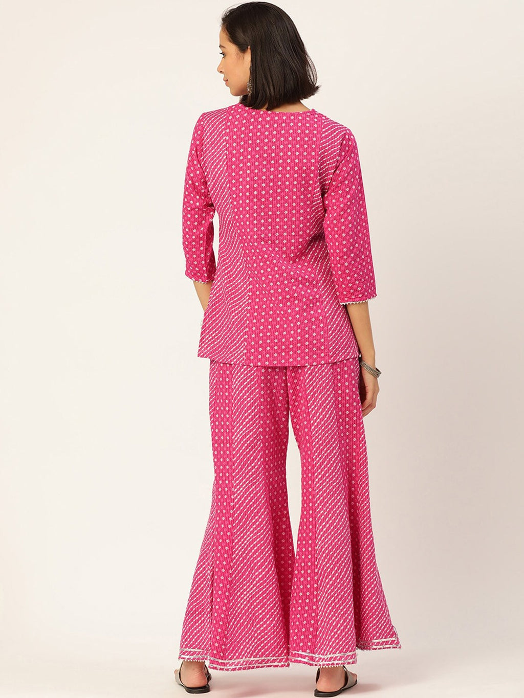 HERE&NOW Women Pink Leheriya Printed Pure Cotton Kurti With Palazzo And Dupatta