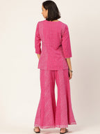 HERE&NOW Women Pink Leheriya Printed Pure Cotton Kurti With Palazzo And Dupatta