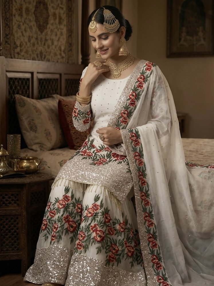 Teeya Creation White Fendy Silk Heavy Embroidery Work Party Wear Sharara Suit - Distacart