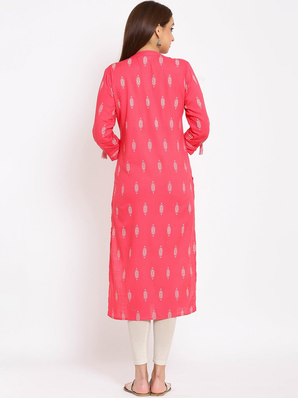HERE&NOW Pink Mandarin Collar Ethnic Motifs Printed Pure Cotton Kurta