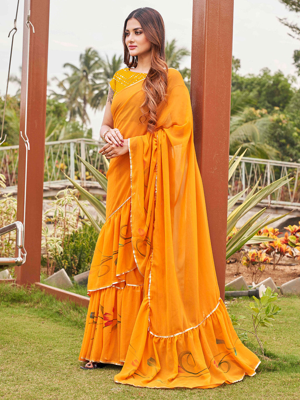 Tikhi Imli Mustard Yellow Gotta Patti Ruffles Saree - Distacart