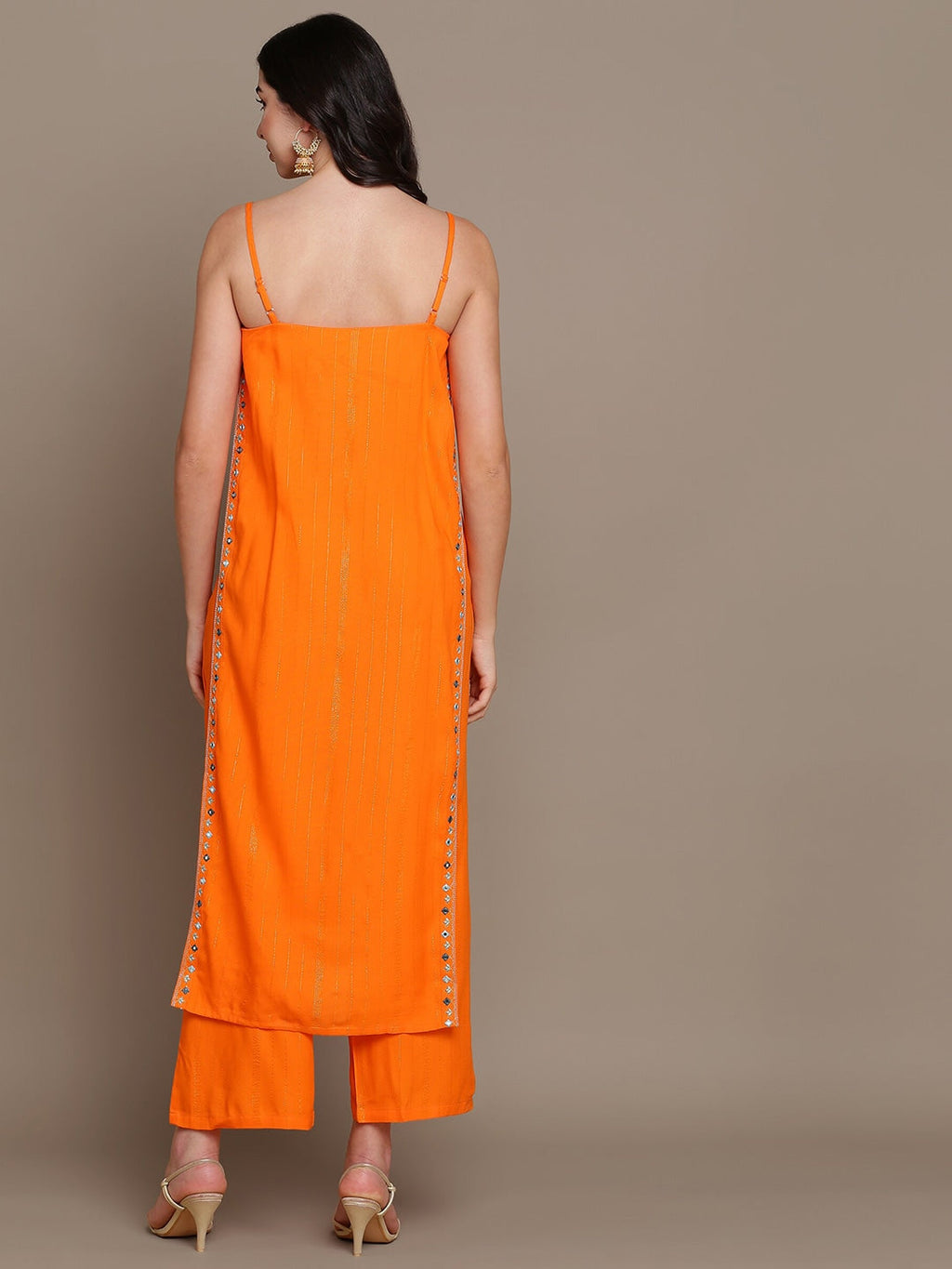 HERE&NOW Striped Mirror Work High Slit Kurta with Palazzos