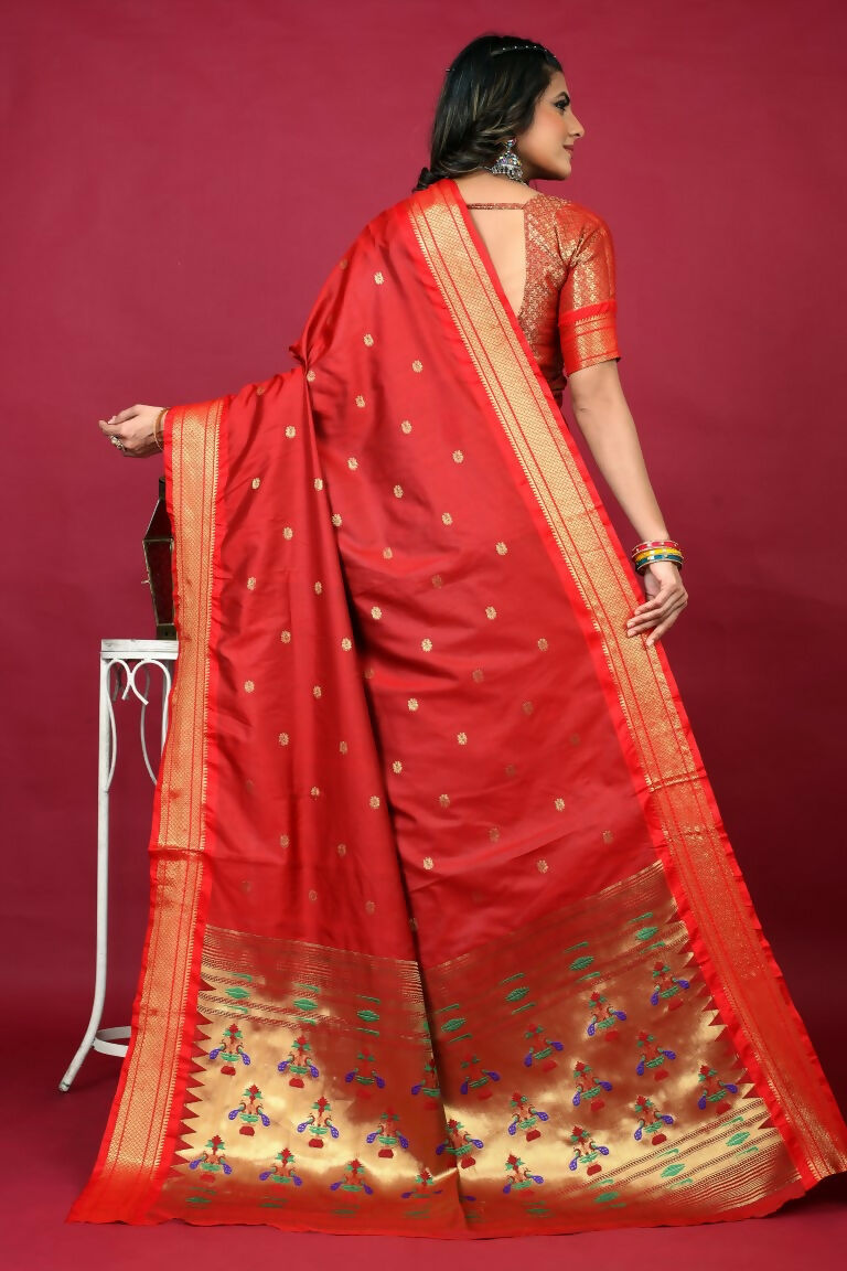 Jyoti Fashion Women's Red Paithani Silk Zari Woven Saree with Blouse