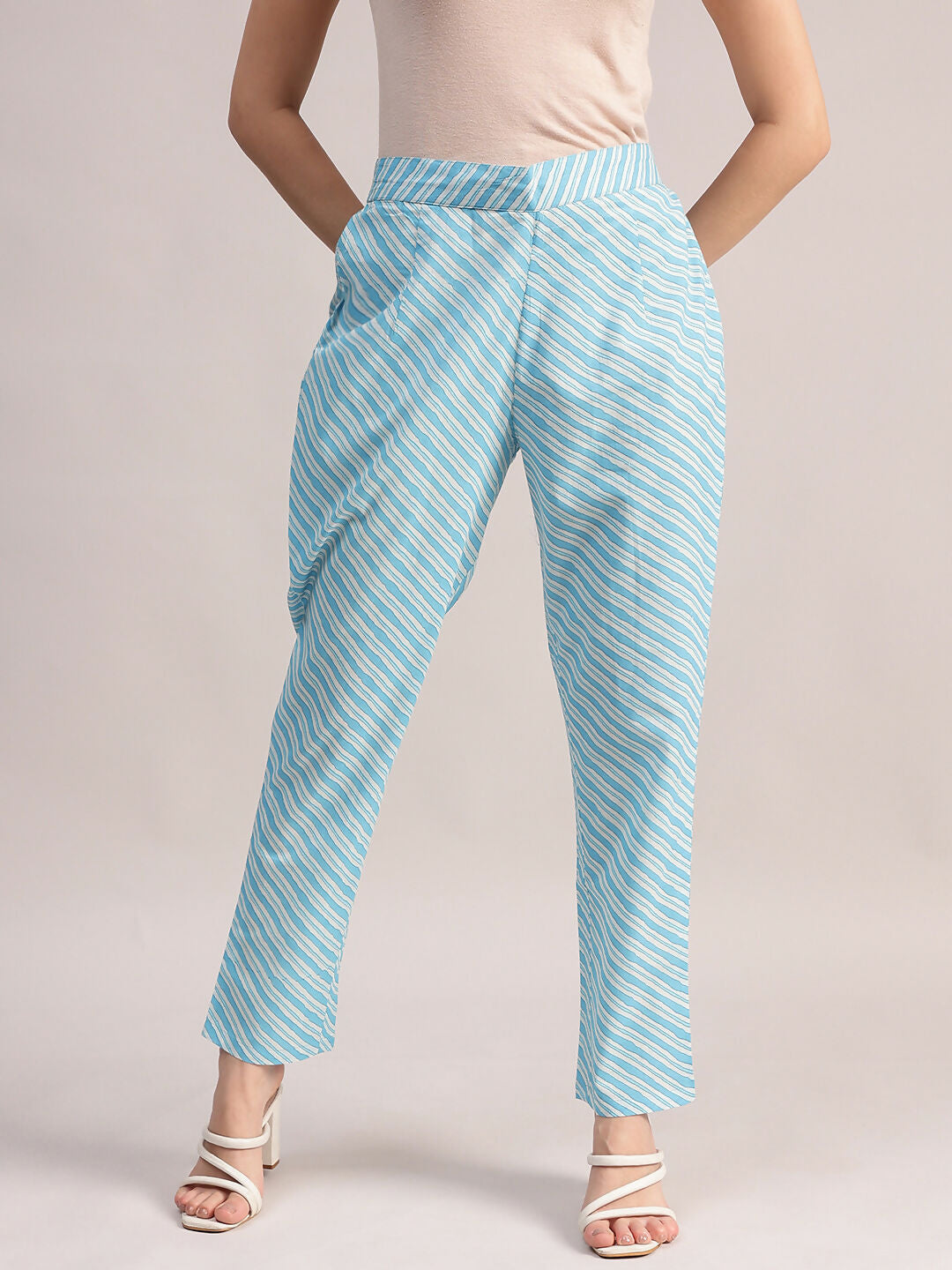 Aavyora Women's Sky Blue Floral Printed A-Line Kurta with Pintucks, Striped Pants & Dupatta Set