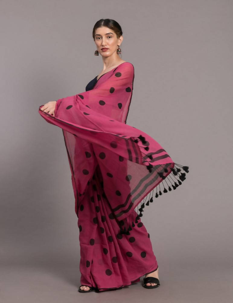 Suta Pink Black Polka Printed Pure Cotton Saree - Distacart