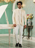 Raivat Ethnic Art Silk Embroidery and Thread Work Jodhpuri in Cream Colour
