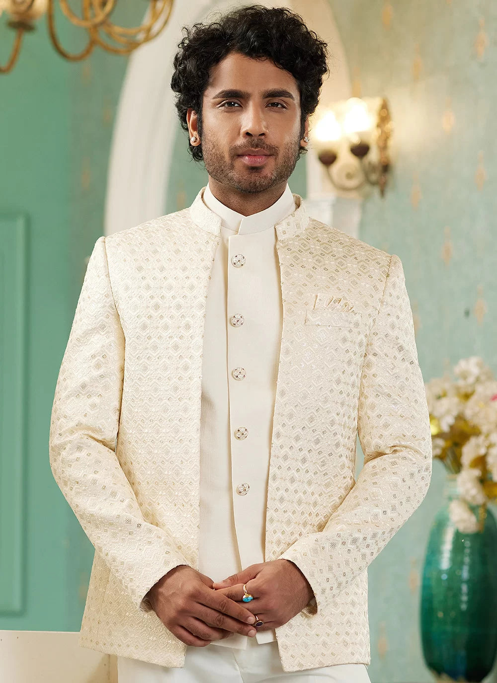 Raivat Ethnic Art Silk Embroidery and Thread Work Jodhpuri in Cream Colour