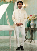 Raivat Ethnic Art Silk Embroidery and Thread Work Jodhpuri in Cream Colour