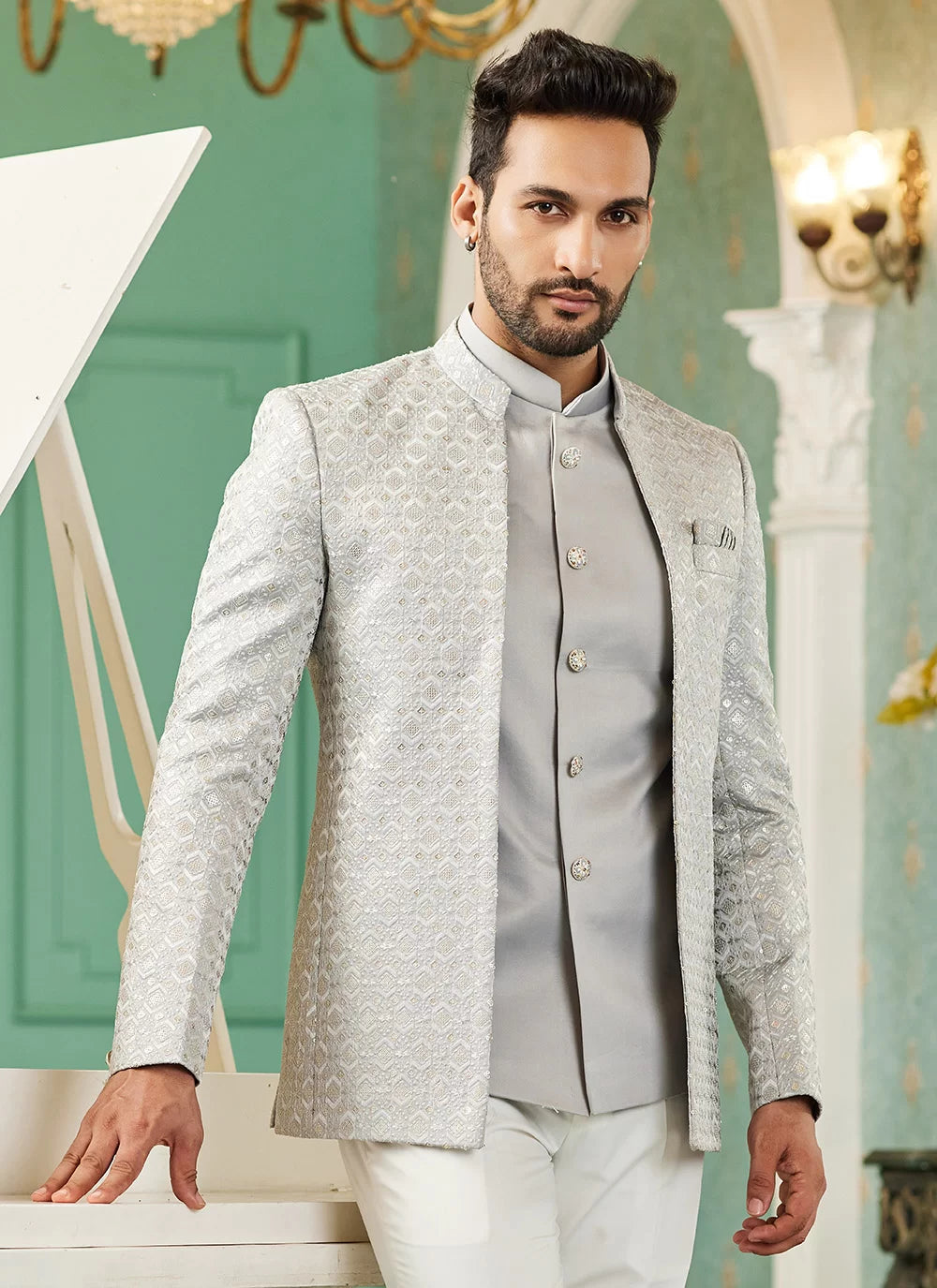 Raivat Ethnic Art Silk Embroidery and Thread Work Jodhpuri in Grey Colour