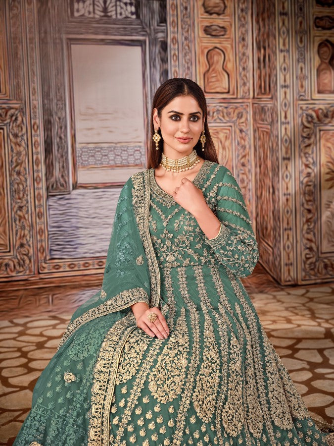 Anaita Green Embroidered Net Anarkali Suit - Distacart