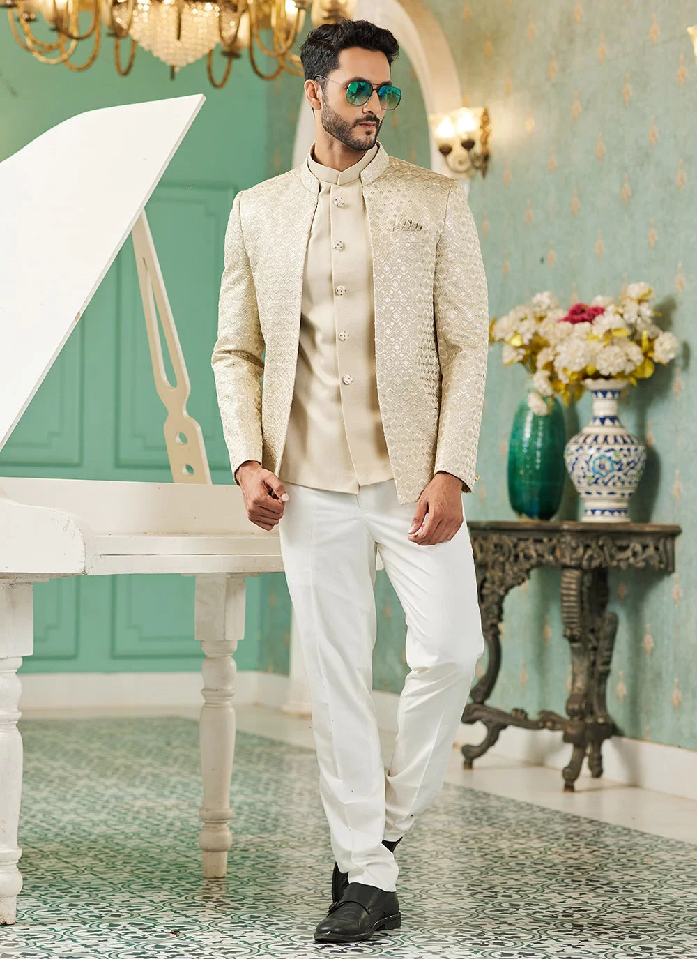 Raivat Ethnic Art Silk Embroidery and Thread Work Jodhpuri in Beige Colour