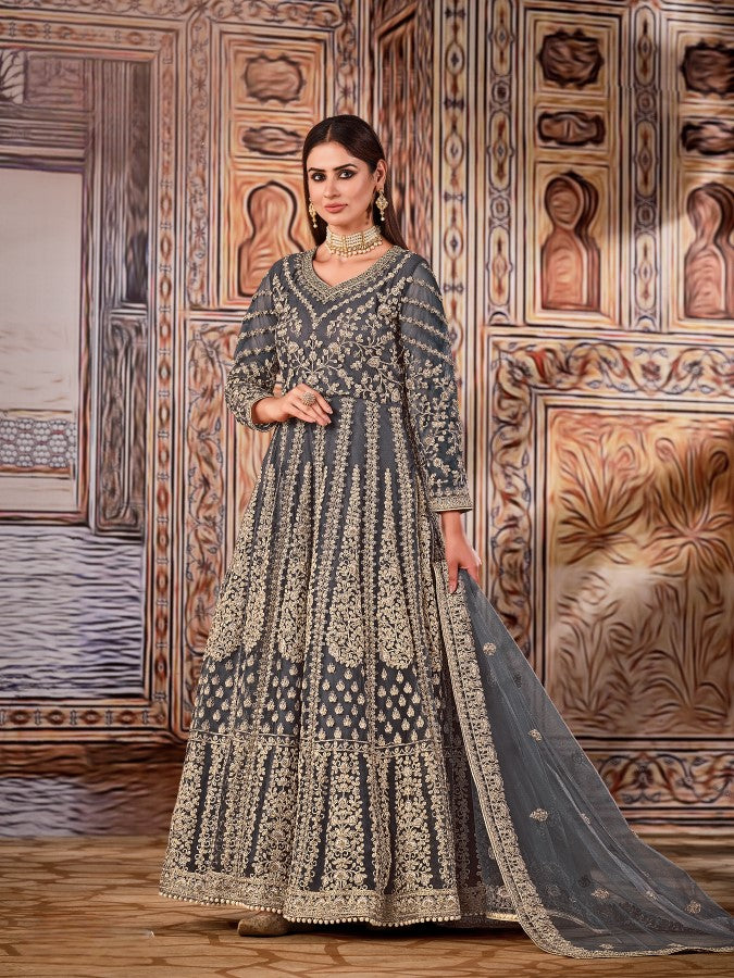 Anaita Grey Embroidered Net Anarkali Suit - Distacart