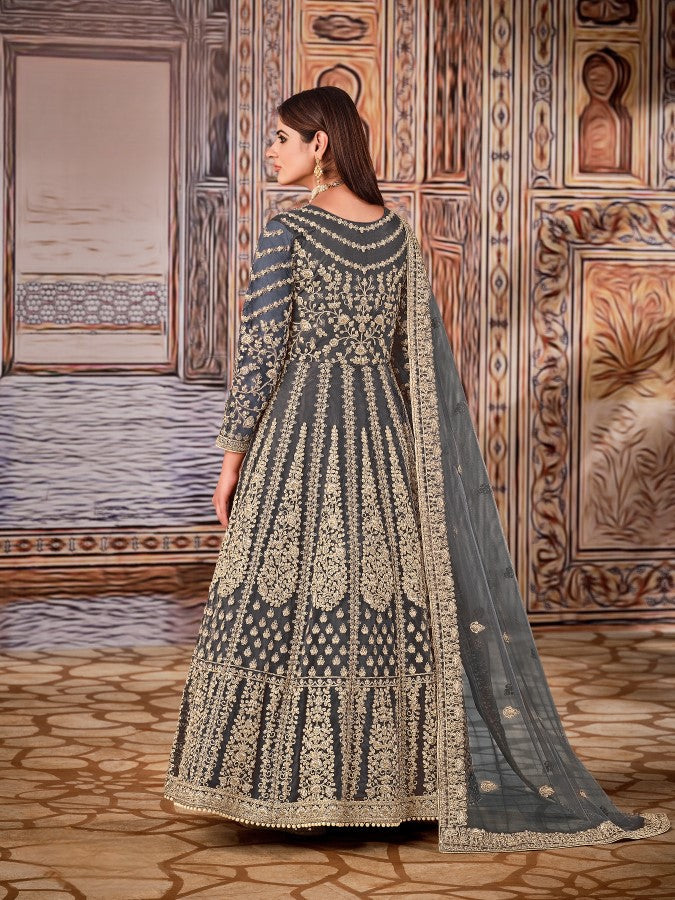 Anaita Grey Embroidered Net Anarkali Suit - Distacart