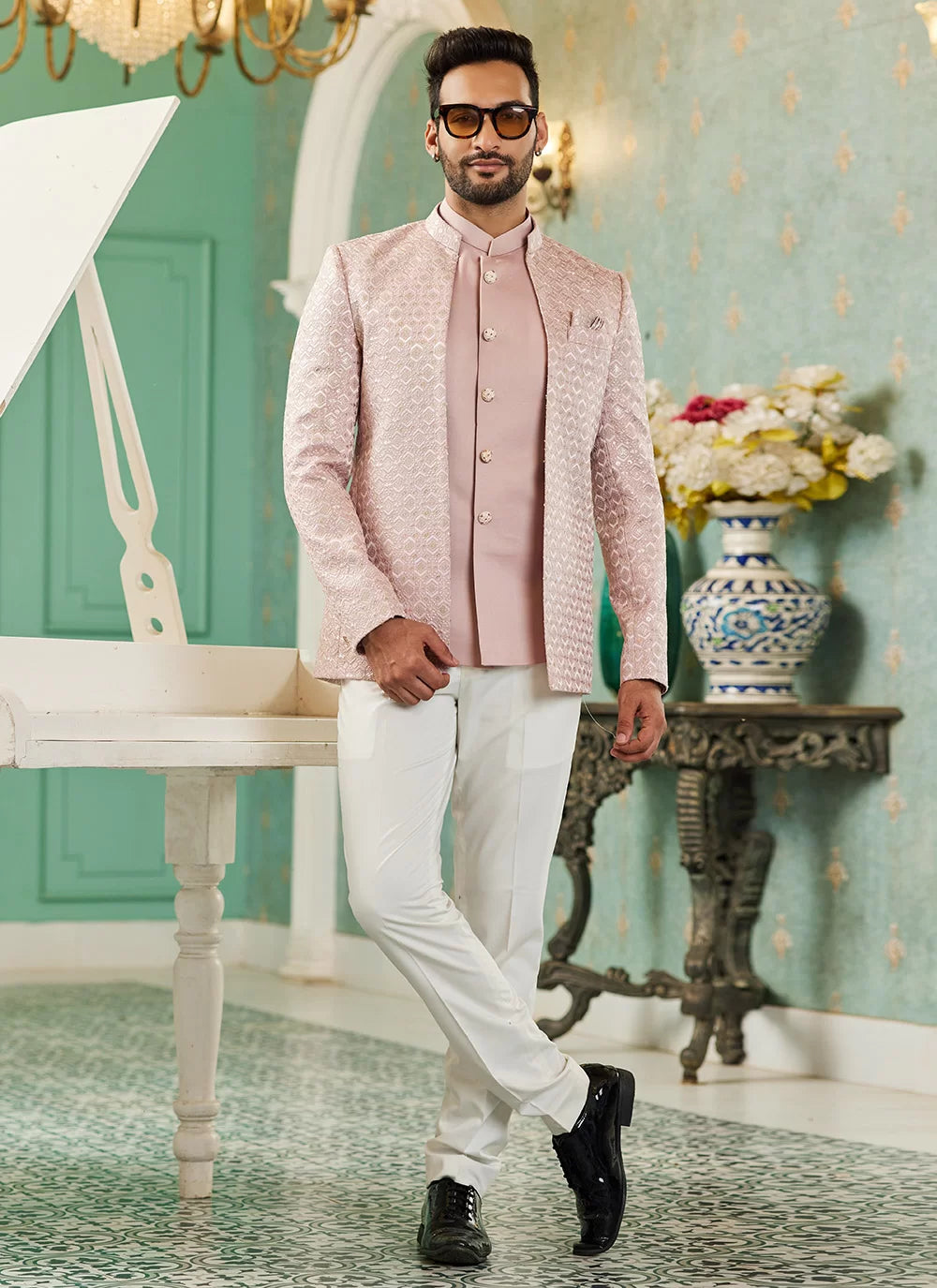 Raivat Ethnic Art Silk Embroidery and Thread Work Jodhpuri in Onion Pink Colour