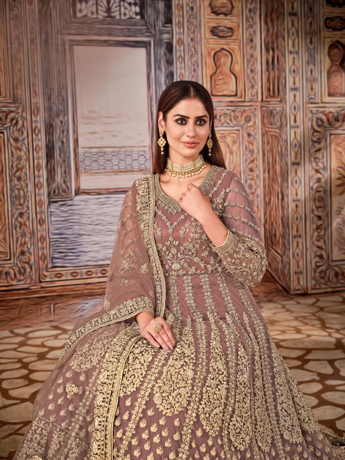 Anaita Light Brown Embroidered Net Anarkali Suit - Distacart