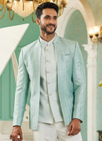Raivat Ethnic Art Silk Embroidery and Thread Work Jodhpuri in Pista Green Colour