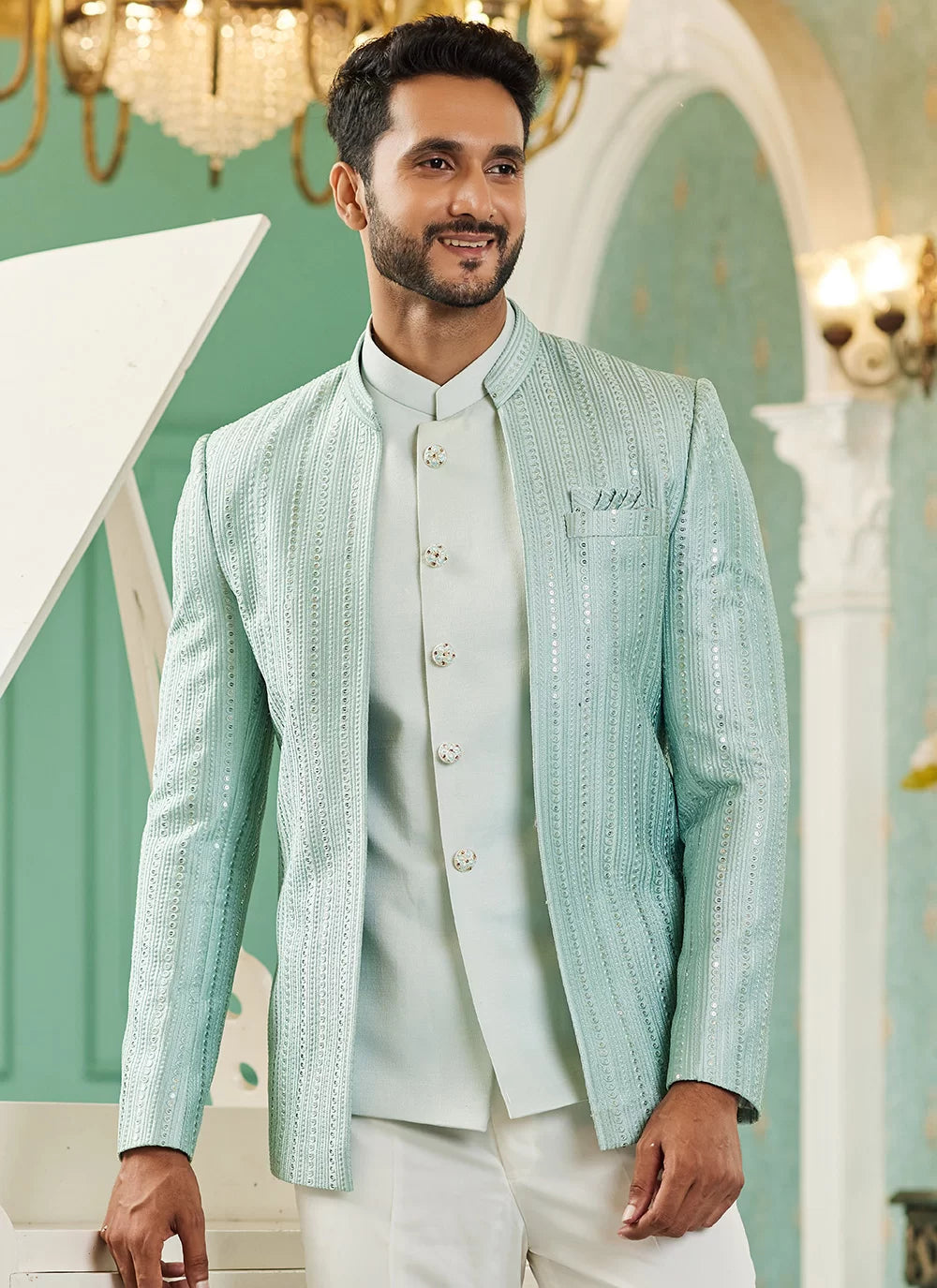 Raivat Ethnic Art Silk Embroidery and Thread Work Jodhpuri in Pista Green Colour