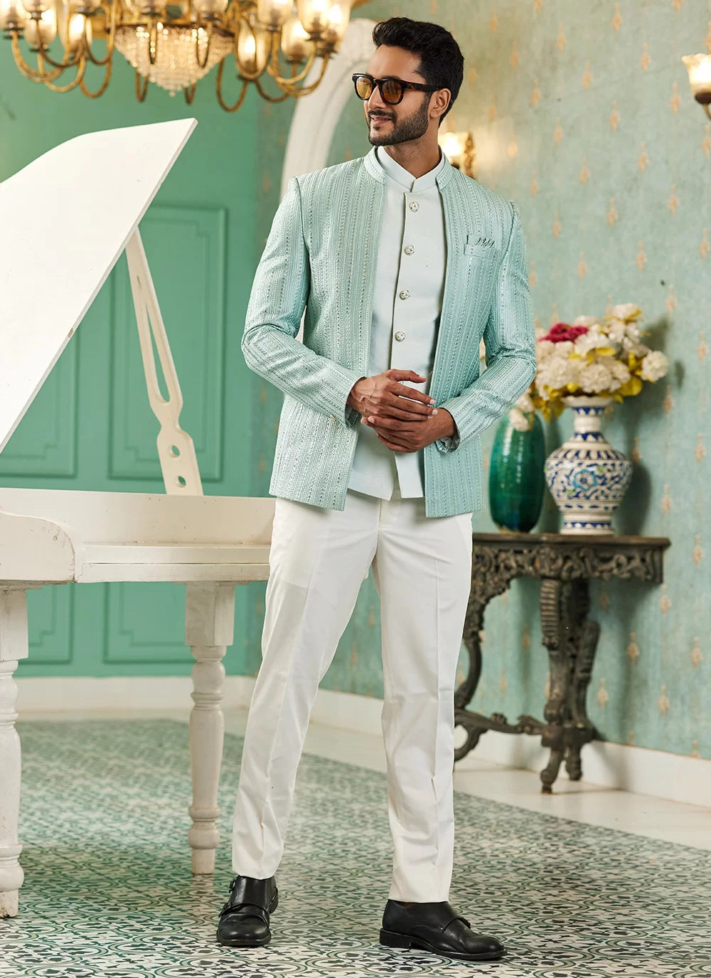 Raivat Ethnic Art Silk Embroidery and Thread Work Jodhpuri in Pista Green Colour
