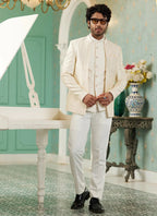 Raivat Ethnic Art Silk Embroidery and Thread Work Jodhpuri in Cream Colour