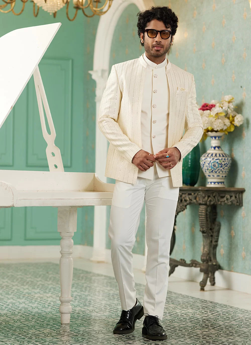 Raivat Ethnic Art Silk Embroidery and Thread Work Jodhpuri in Cream Colour