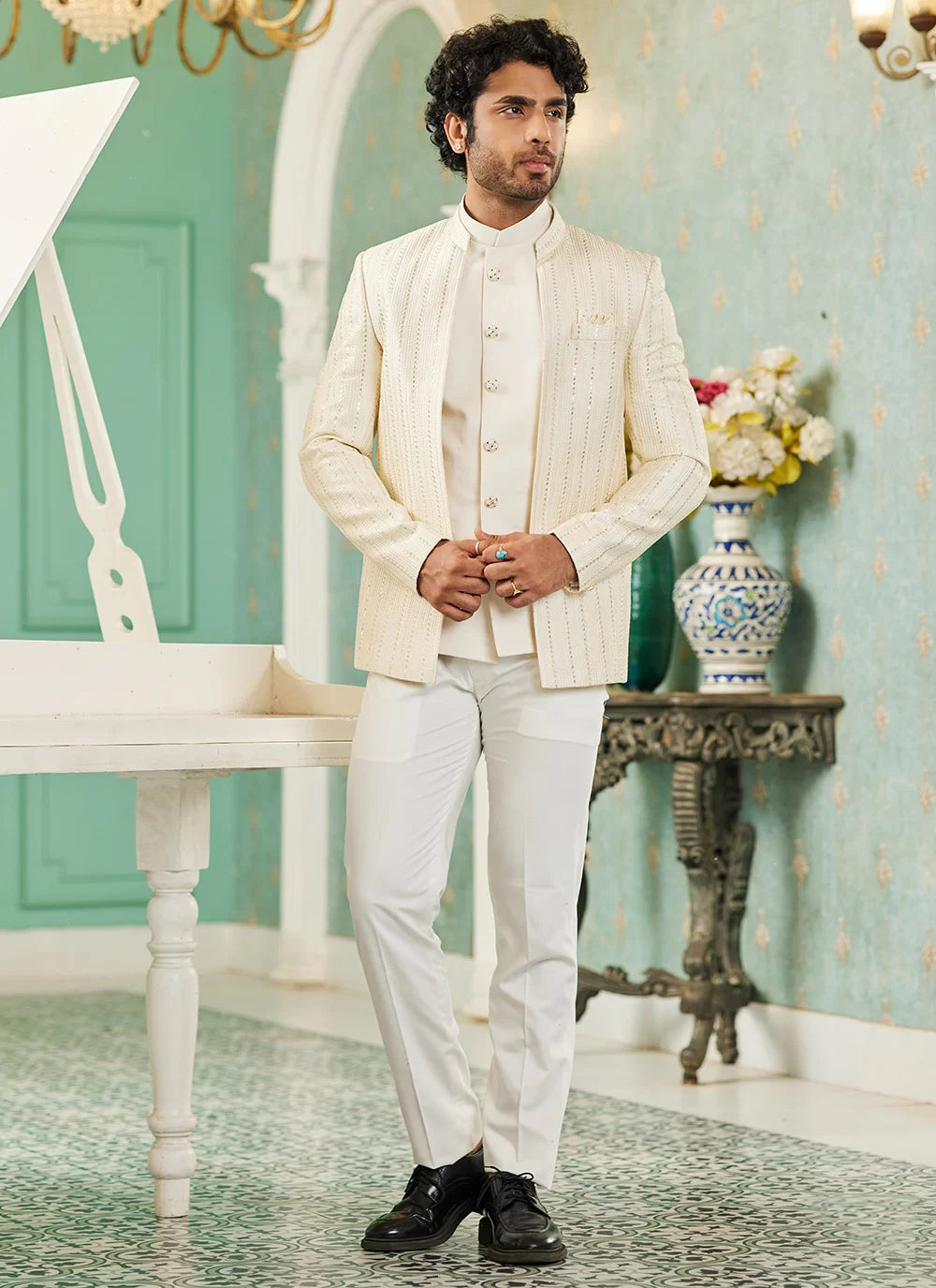 Raivat Ethnic Art Silk Embroidery and Thread Work Jodhpuri in Cream Colour